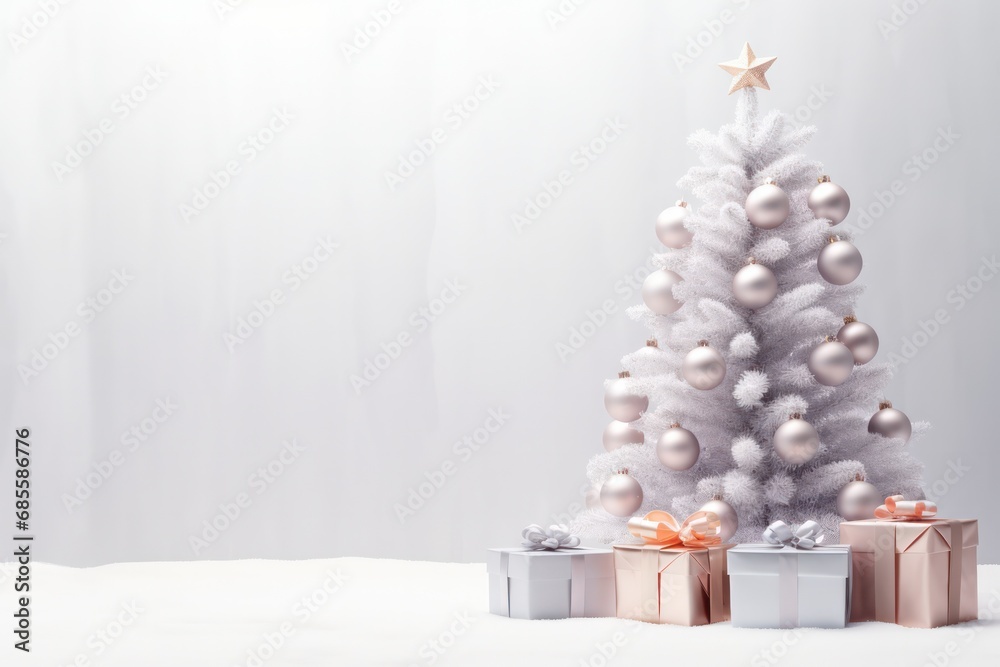 pastel silver minimal Christmas decoration podium 3d render with xmas tree and gift boxes minimal set design for cosmetics or product photography with copy space