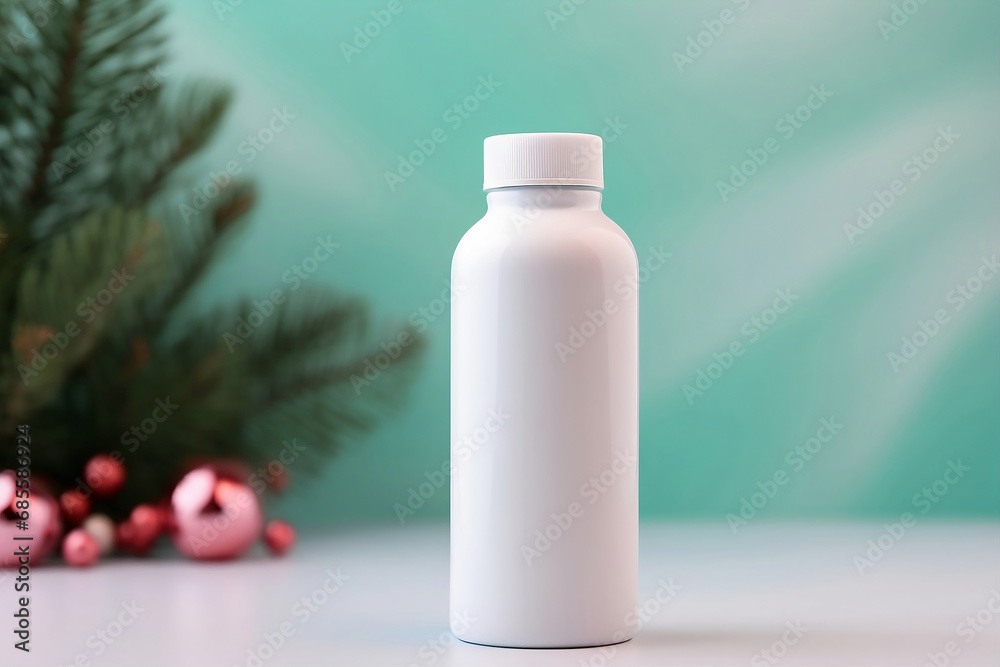 Bottle of Medicine - White Bottle on Christmas Background Bottle of Medicine - White Bottle on Christmas Background
