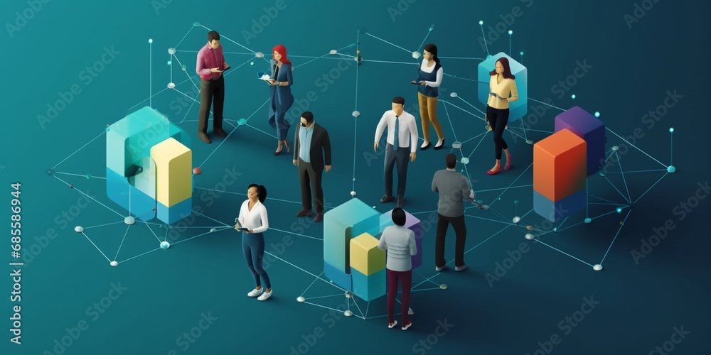 An interconnected web of diverse IT professionals collaborating on a shared project, with each individual contributing their unique expertise, surrounded. 3D Illustration, banner - obrazy, fototapety, plakaty 