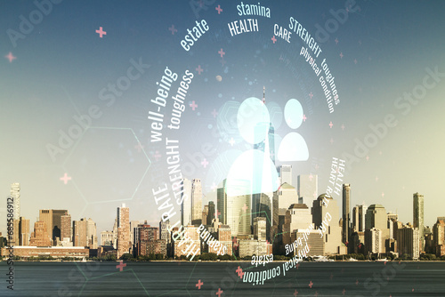 Abstract virtual people icons sketch on Manhattan cityscape background, life and real estate insurance online concept. Double exposure