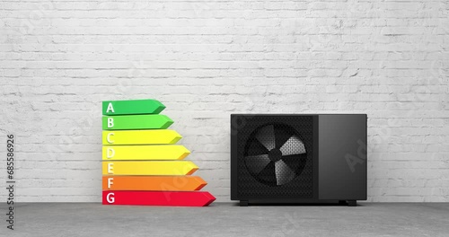 rotating fan of a heat pump energy as a heater and alternative energy - 3D Animation 4k 60 fps DCI seamless loop