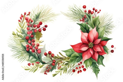 Christmas wreath green and red with poinsettia flower and holly watercolor illustration isolated on white background