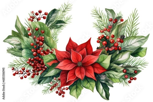 Christmas wreath green and red with poinsettia flower and holly watercolor illustration isolated on white background