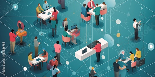 An interconnected web of diverse IT professionals collaborating on a shared project, with each individual contributing their unique expertise, surrounded. 3D Illustration, banner photo