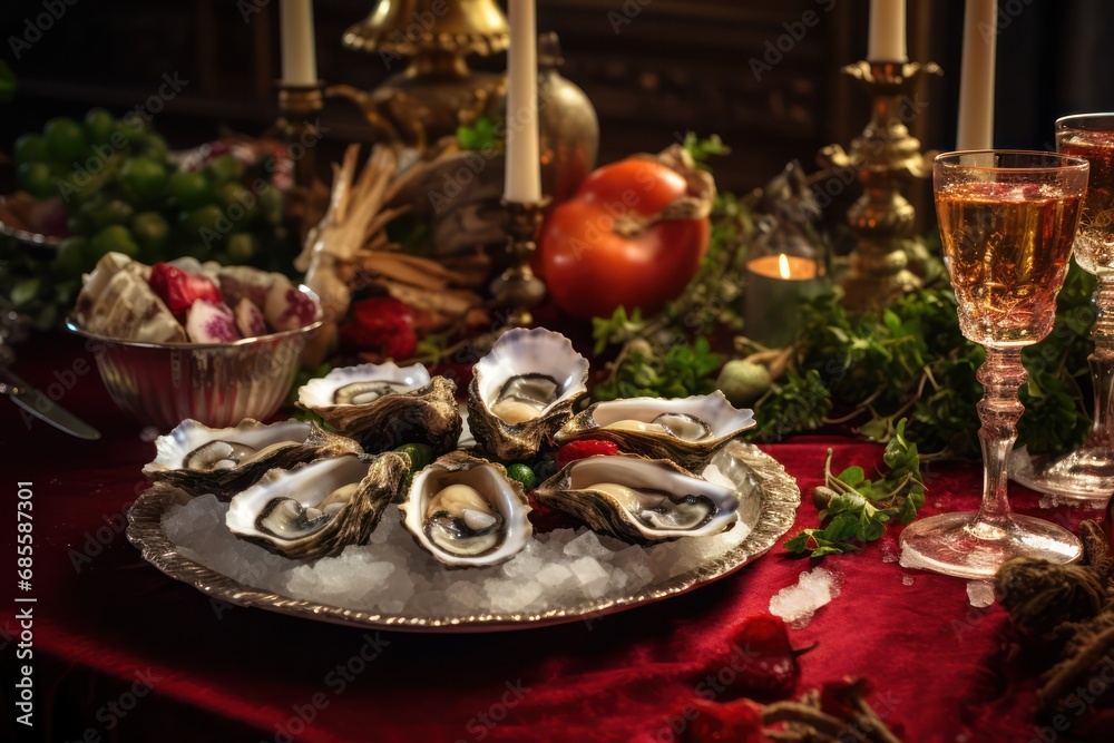 oysters on festive chistmas dinner table with wine and candles oysters on festive chistmas dinner table with wine and candles