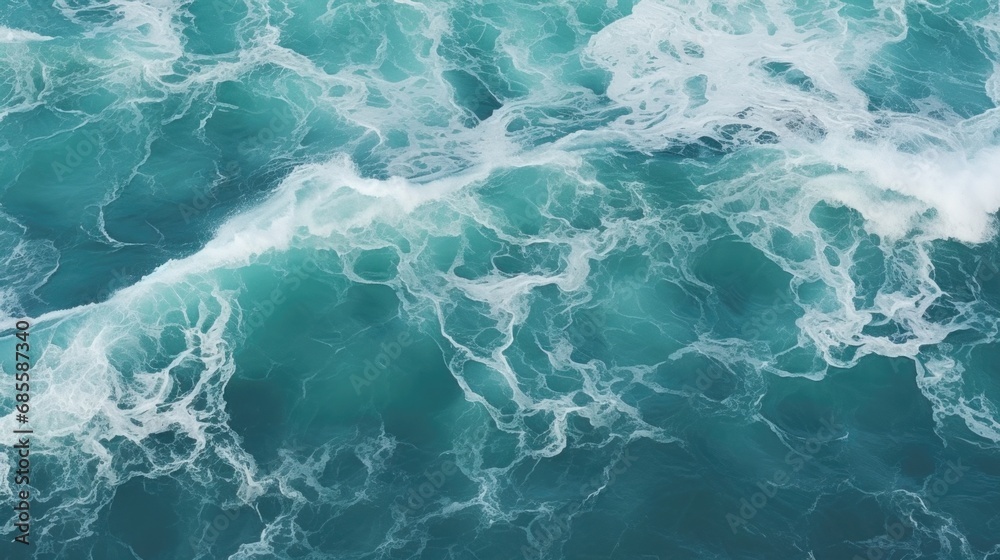 Obraz premium Spectacular aerial top view background photo of ocean sea water white wave splashing in the deep sea. Drone photo backdrop of sea wave in bird eye waves.