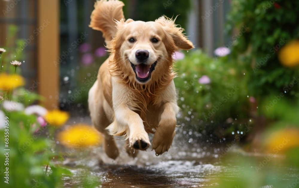 Golden Retriever dog after rain happiness