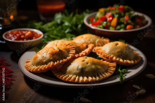 vegan argentinian empanadas with vegetables and rucola with sauce. Latin American hispanic cuisine. 