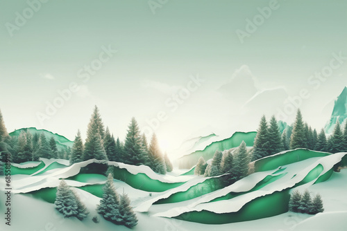 Paysage d'hiver sous la neige dans une forêt de sapins fait en bandes de papiers déchirés verts. Ecologie dans le monde moderne manque de neige et d'enneigement à cause du réchauffement climatique