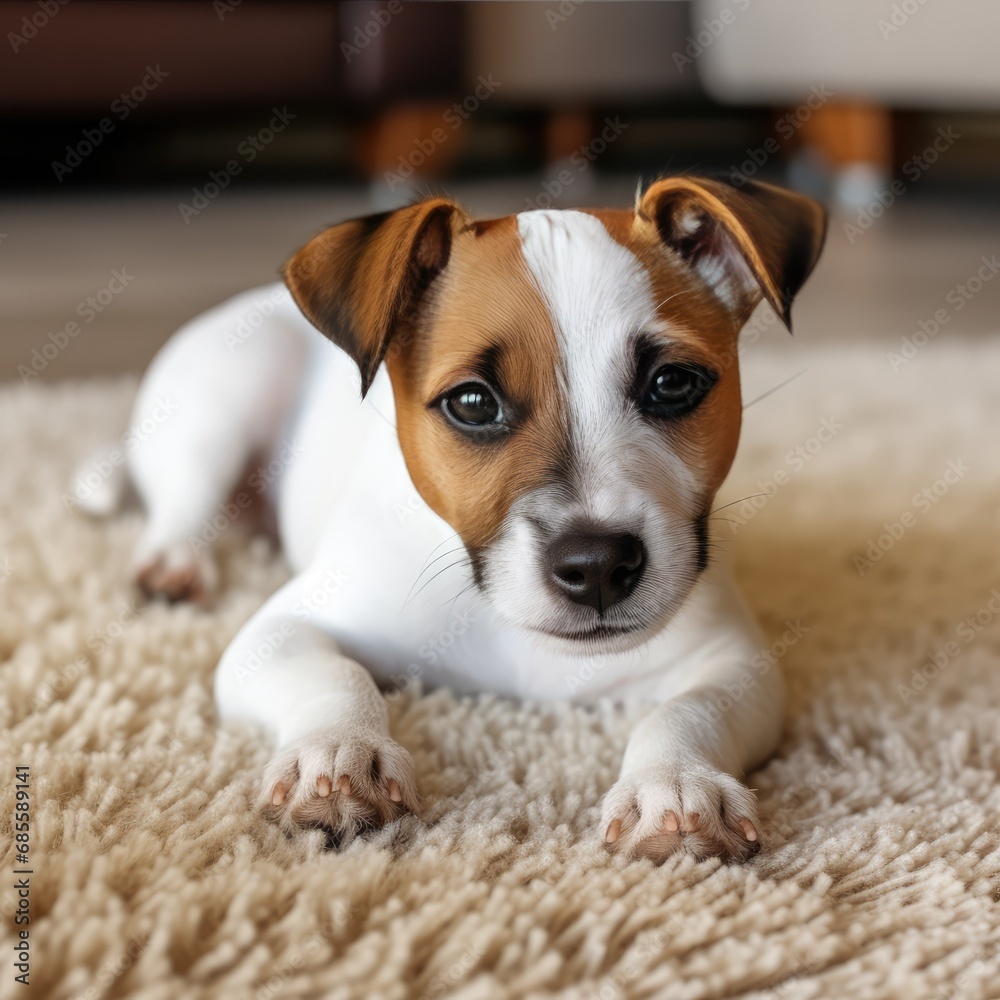 A tired Jack Russell lies on the carpet. Pet care concept. AI generated.