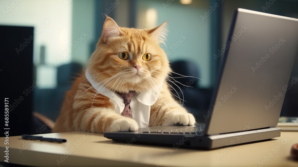 Funny cat at the table working on the computer. AI generated. Funny cat at the table working on the computer. AI generated.