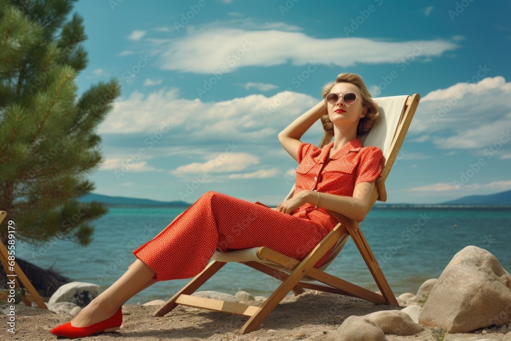 old fashioned woman in retro style on beach old fashioned woman in retro style on beach