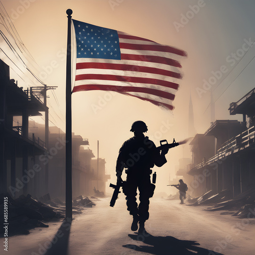 Silhouette of a veteran with american flag background with generative AI