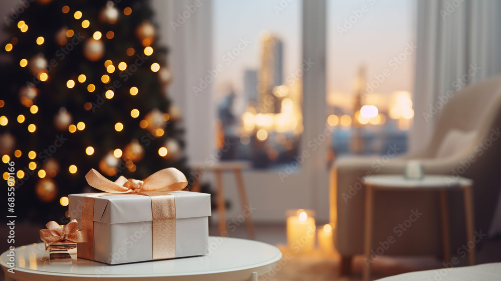 Christmas present on a table, with Christmas tree background Christmas present on a table, with Christmas tree background