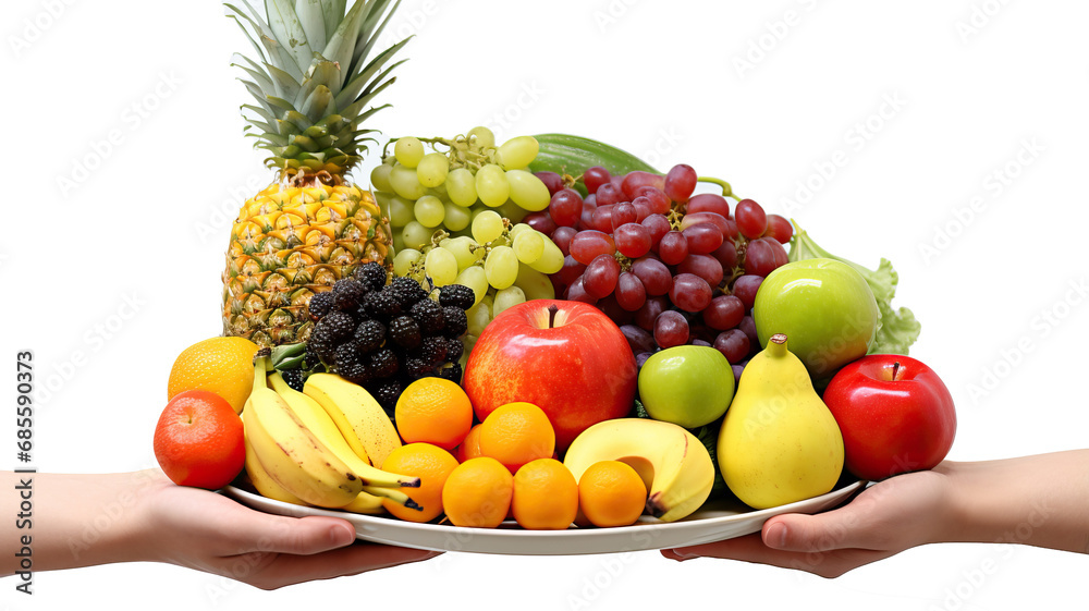 Lots of fruits at the hand of a woman, fruits closeup view, vegetable at the hand of a woman, vegetable closeup view on white background 