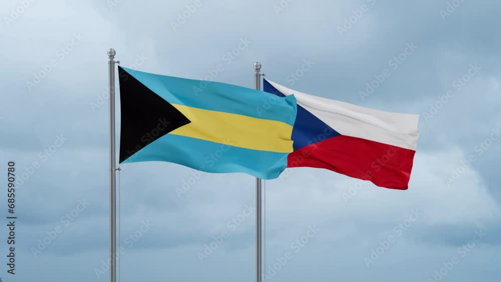 Czech Republic flag and Bahamas flag waving together on cloudy sky, endless seamless loop, two country relations concept