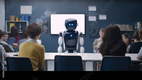 AI teacher robot instructs students at the chalkboard at school class or university, illustrating the concept of artificial intelligence. Debate arises about futuristic robots replacing human jobs. photo