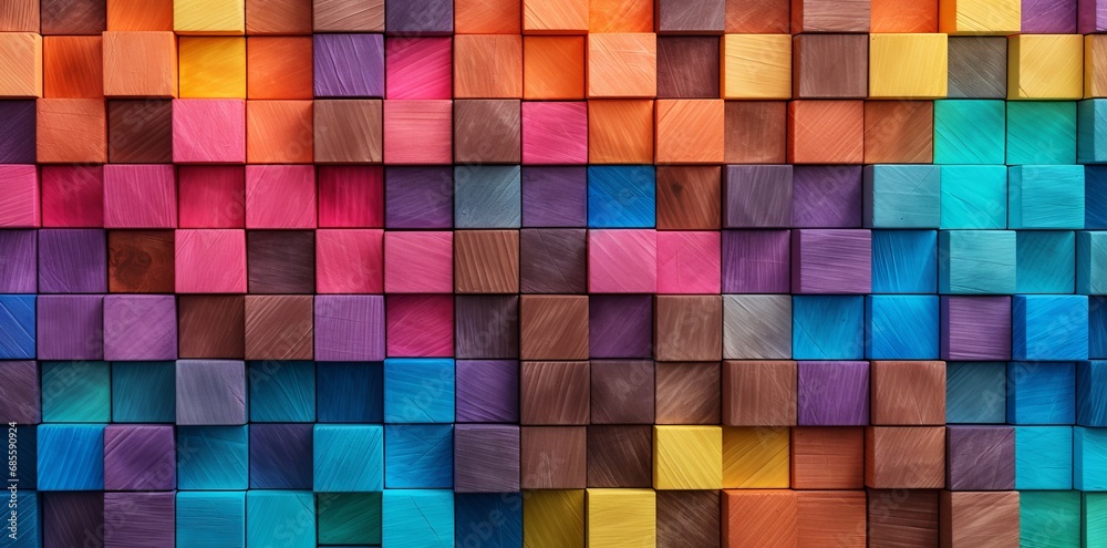 Abstract geometric rainbow colors colored 3d wooden square cubes texture wall background 