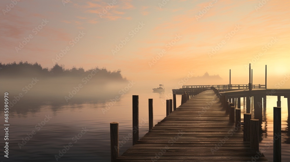 Naklejka premium A peaceful coastal scene with a wooden jetty extending into calm waters, surrounded by mist in the early morning.