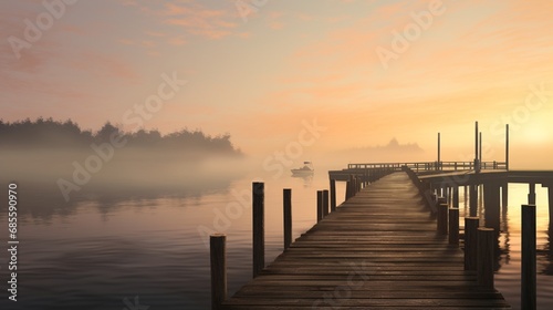 A peaceful coastal scene with a wooden jetty extending into calm waters  surrounded by mist in the early morning.