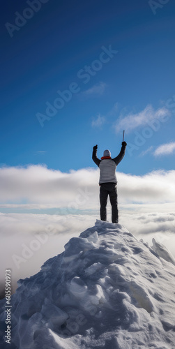 Generative ai illustration of man reaches a snowy peak