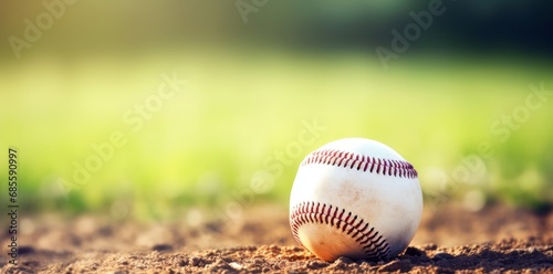 Baseball sport equipment background banner - baseball on matchfield  photo
