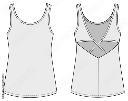WONEN'S ACTIVE VEST,Fashion Flat Sketch Vector Illustration, CAD, Technical Drawing, Flat Drawing, Template, Mockup.
