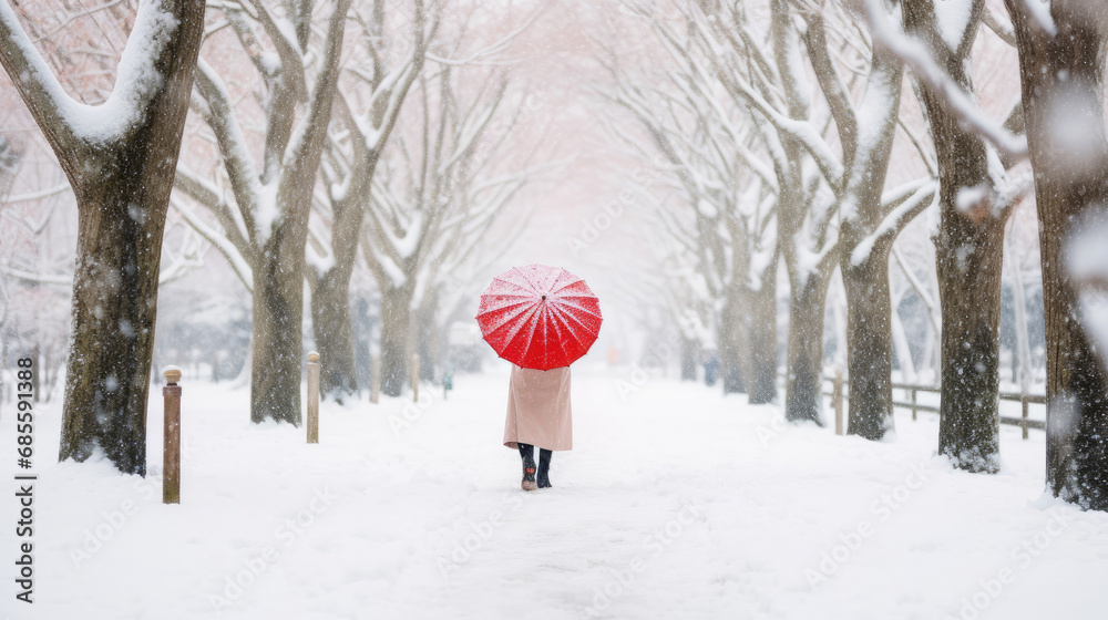 a girl in red Kimono with umbrella with white snow, Hokkaido, Japan.