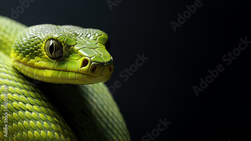 Green snake in alert position isolated on gray background