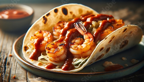 Delicious shrimp taco with juicy grilled shrimp and a tangy, spicy chipotle sauce on a soft flour tortilla. 