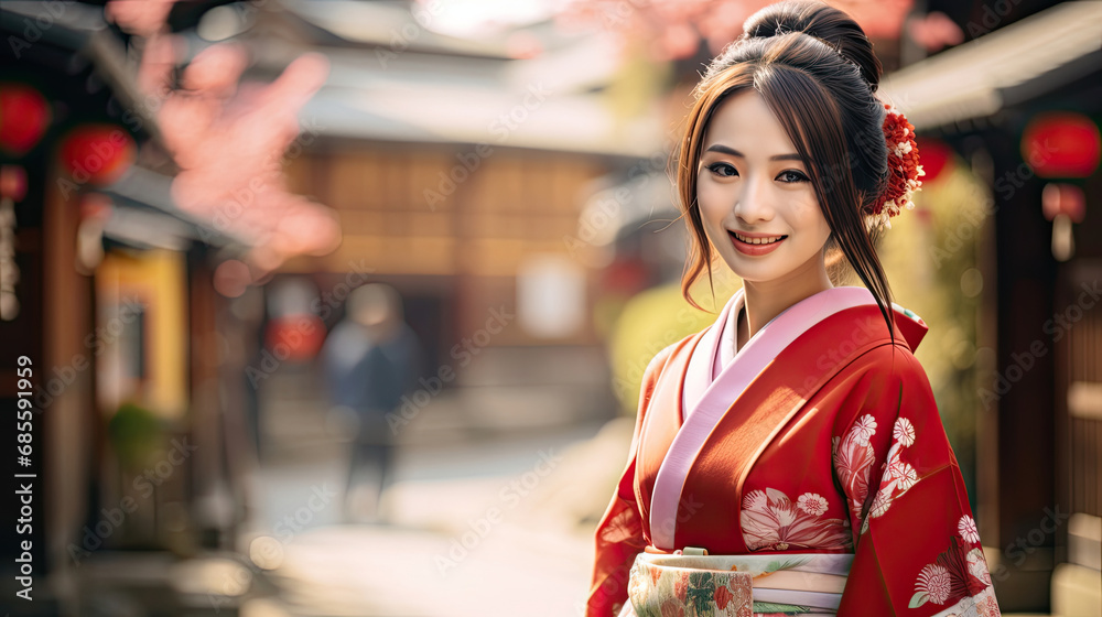 Asian woman wearing Japanese traditional kimono at Yasaka Pagoda and Sannen Zaka Street in Kyoto, Japan.