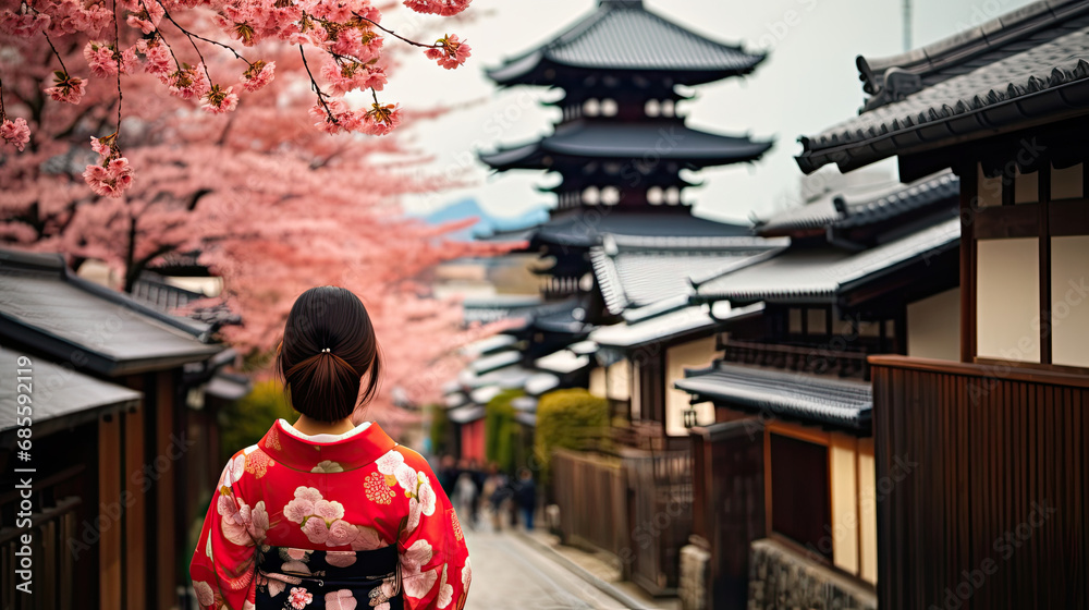 Fototapeta premium Asian woman wearing Japanese traditional kimono at Yasaka Pagoda and Sannen Zaka Street in Kyoto, Japan.