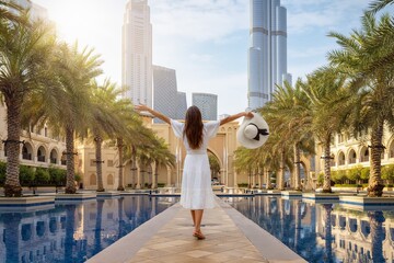 A happy tourist woman in a white summer dress walks through the streets of Dubai, UAE, during her holiday time