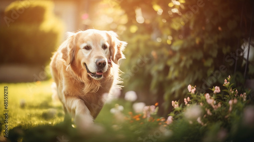 golden retriever puppy dog on blurred abstract bokeh flare grass background