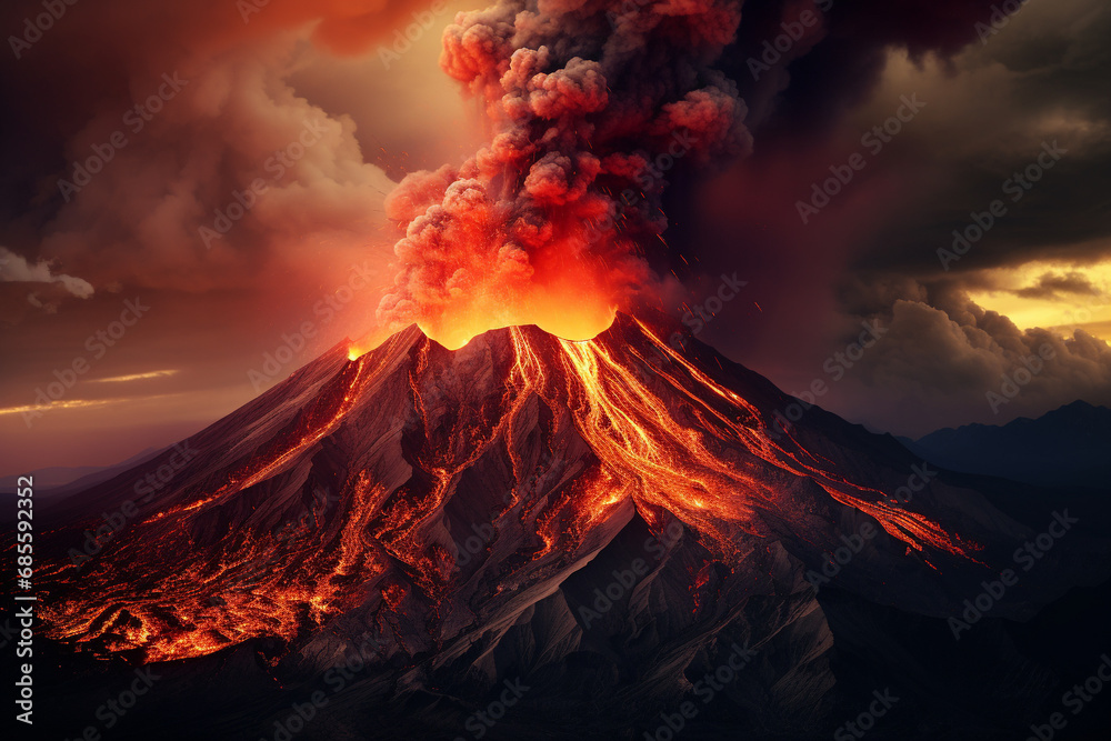 illustration of a volcanic eruption. natural disaster. Created with Generative AI - obrazy, fototapety, plakaty 