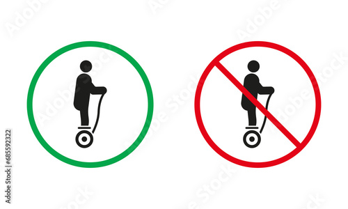 Electric Unicycle Hoverboard Gyroscooter Red and Green Signs. Gyro Scooter, Monowheel Silhouette Icons Set. Allowed and Prohibited Danger Transport Pictogram. Isolated Vector Illustration
