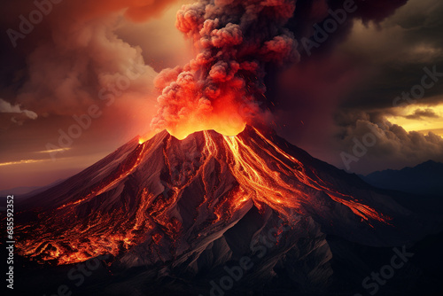 illustration of a volcanic eruption. natural disaster. Created with Generative AI photo