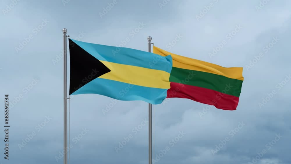 Lithuania flag and Bahamas flag waving together on cloudy sky, endless seamless loop, two country relations concept
