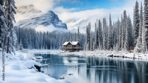 Beautiful view of Emerald Lake with snow covered and wooden lodge glowing in rocky mountains and pine forest on winter at Yoho national park, British Columbia, Canada