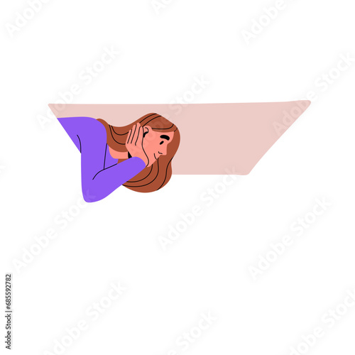 Interested people hanging from window, look down. Curious woman peeking outside. Inquisitive girl staring, examining with curiosity from height. Flat isolated vector illustration on white background