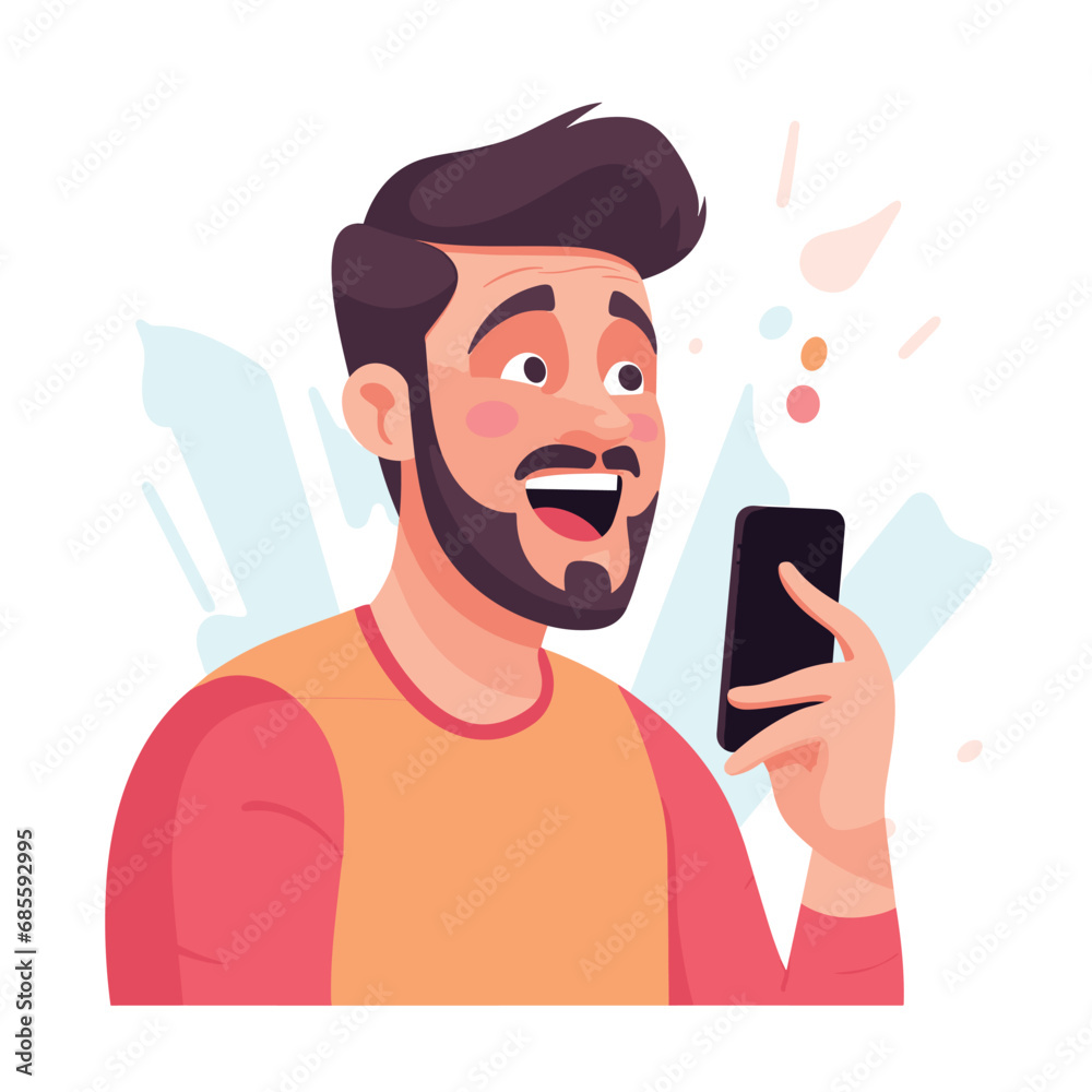 young man looking at his cellphone with a happy surprised face vector illustrations on a white background