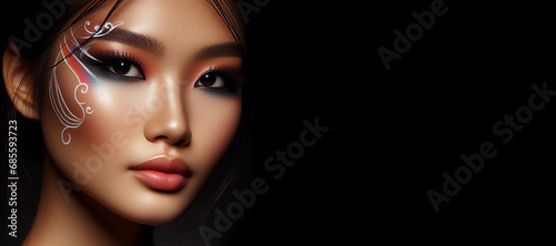 Young attractive girl in bright art-makeup, body painting. Generative AI. photo