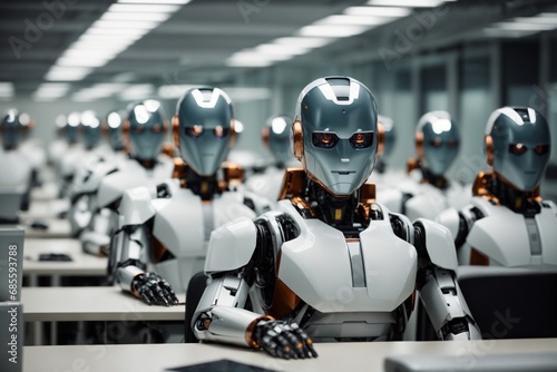 Group of robot working in a modern office. Artificial intelligence concept.