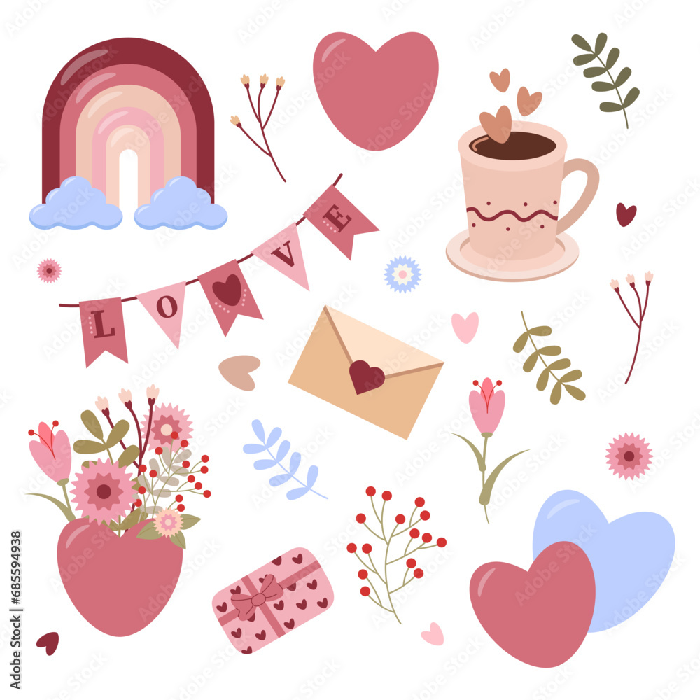 Valentines day big cute set of romantic elements with flowers, hearts, gifts, rainbow, cup of coffee. Stickers set. Hand drawn style. Vector illustration         