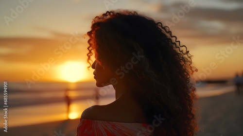 Back view portrait of a black female with sunset on the beach as a background with space for text, background image, AI generated