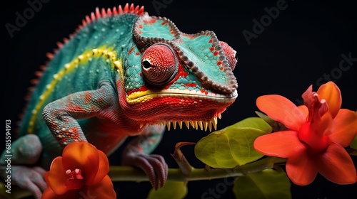 Chameleon on the flower. Beautiful extreme close-up © Crazy Dark Queen