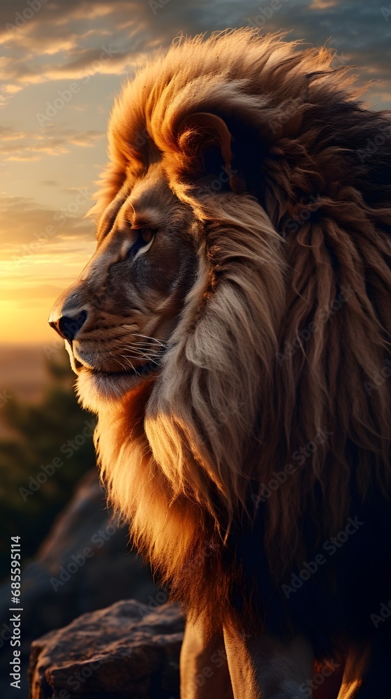 Back view portrait of a sitting male Lion with sunset on the rocks as a background with space for text, background image, AI generated