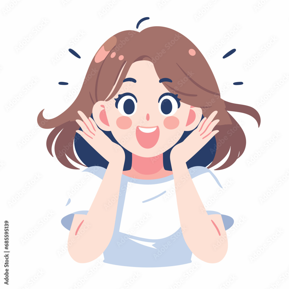 Young woman with happy surprised face vector illustrations on white background