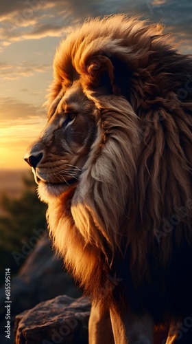 Back view portrait of a sitting male Lion with sunset on the rocks as a background with space for text  background image  AI generated