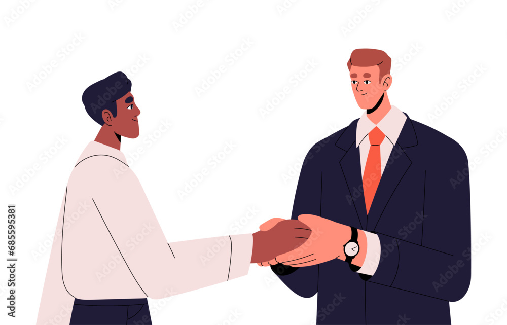 Fototapeta premium Happy businessmen shaking hands. Multinational partnership. Business communication: agreement, deal, gratitude. Men greeting gesture, handshake. Flat isolated vector illustration on white background
